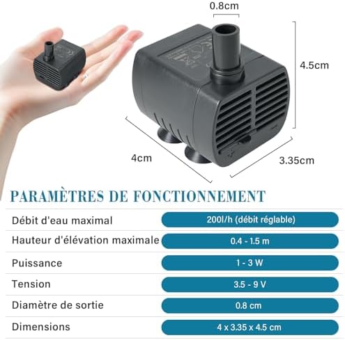 Pompe a Eau Minuscule Ultra Silencieuse 1-3W Aquarium Étang Hydroponique 1,5m USB CableChat 200L/H Réglable Pompage