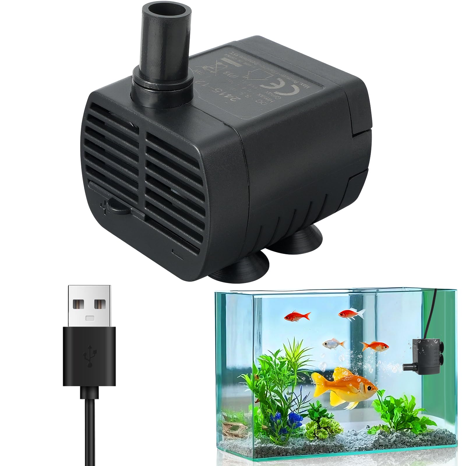 Pompe a Eau Minuscule Ultra Silencieuse 1-3W Aquarium Étang Hydroponique 1,5m USB CableChat 200L/H Réglable Pompage
